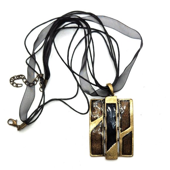 Gold & Black Rectangular PendantWith Multi-Strand Ribbon &Cord - Picture 2 of 4